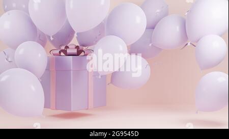 Boîte cadeau Fly dans l'air avec ballon et ruban rose fond pastel., Noël et heureux fond de la nouvelle année concept., 3D modèle et illustration. Banque D'Images
