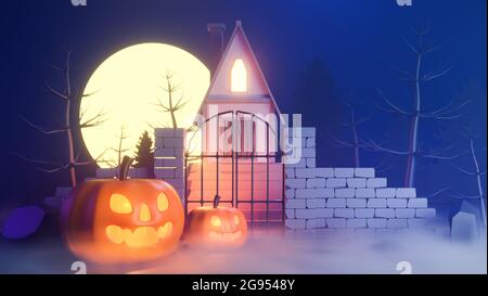 thème halloween avec citrouilles et une maison la nuit., modèle 3d et illustration. Banque D'Images