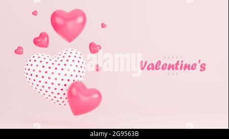 Bonne Saint Valentin bannière avec de nombreux cœurs objets 3d sur fond rose., modèle 3d et illustration. Banque D'Images