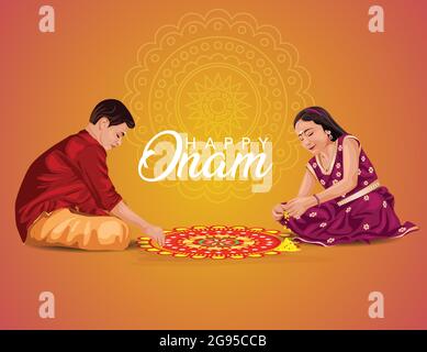 Illustration vectorielle de message d'accueil Happy onam. Illustration de la création de paokalam par les enfants. Illustration de Vecteur