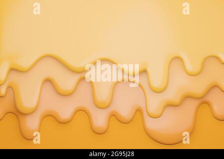 Gouttes de fromage crémeux liquide., fromage fondu sur fond jaune., modèle 3d et illustration. Banque D'Images