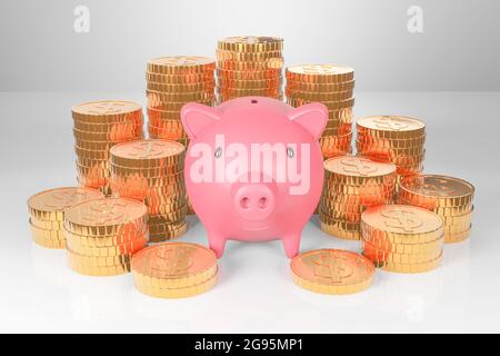 Pink piggy Bank et de nombreuses Golden coins tour sur fond blanc.3d modèle et illustration. Banque D'Images