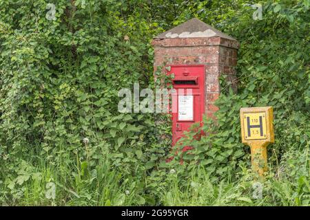 Poste rural peint en rouge ou boîte postale dans la ville de Cornish de Lostwithiel, à côté d'une borne incendie peinte en jaune. Pour les services postaux ruraux du Royaume-Uni, Fire Services Banque D'Images