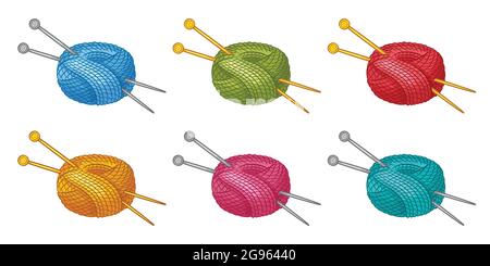 Pelote colorée de fil ou de fil avec aiguilles à tricoter Icon Set. Filament en laine de bille pour tricoté. Outil en tricot fait main. CLEW pour les loisirs d'artisanat. Vecteur Illustration de Vecteur