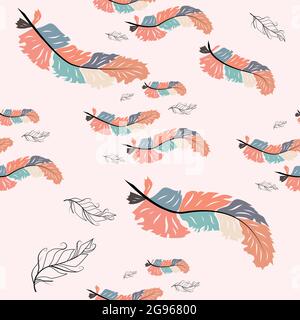 Magnifique motif de plumes de boho sans couture sur fond rose. Style dessiné à la main. Texture sans couture Illustration de Vecteur