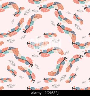 Magnifique motif de plumes de boho sans couture sur fond rose. Style dessiné à la main. Texture sans couture Illustration de Vecteur