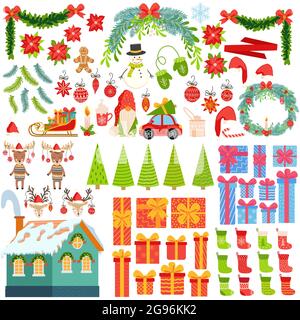 Grand ensemble d'éléments de Noël dessinés à la main. Cadeaux, bas, arbres de Noël, nains, bonbons, GUI, couronnes et autres symboles du nouvel an et Illustration de Vecteur