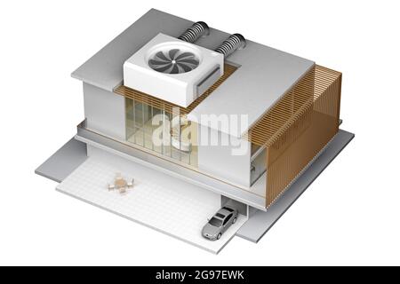 maison privée avec grande climatisation sur le toit isolée sur blanc. rendu 3d Banque D'Images