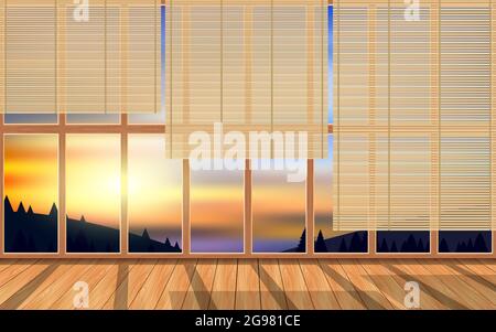 rideau de bambou sur les fenêtres en bois dans la maison en bois sur la montagne le matin Illustration de Vecteur