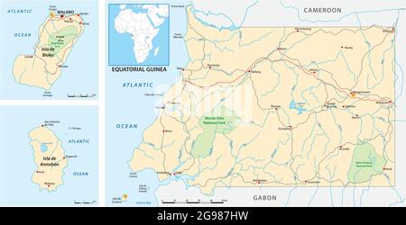 carte des routes vectorielles et du parc national de la guinée équatoriale Illustration de Vecteur