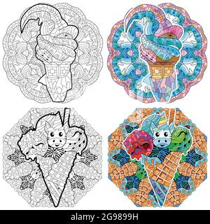 Composition florale, décorative, douce en dessert. Arrière-plan noir et blanc. Page de livre de coloriage de Zentagle. Glace au mandala. Illustration de Vecteur