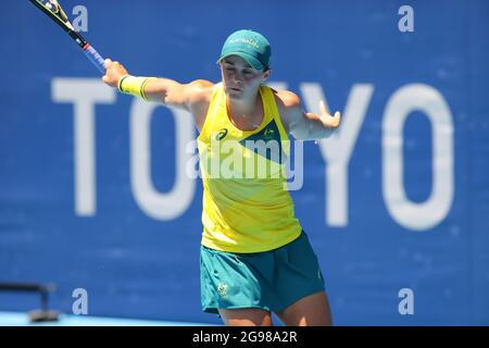 Tokyo, Japon. 25 juillet 2021. Ashleigh Barty (AUS) tennis : les femmes célibataires 1er tour pendant les Jeux Olympiques de Tokyo 2020 au Parc de tennis Ariake à Tokyo, Japon . (Photo de YUTAKA) Banque D'Images