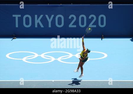 Tokyo, Japon. 25 juillet 2021. Ashleigh Barty (AUS) tennis : les femmes célibataires 1er tour pendant les Jeux Olympiques de Tokyo 2020 au Parc de tennis Ariake à Tokyo, Japon . (Photo de YUTAKA) Banque D'Images