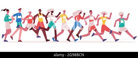 Marathon. Groupe d'athlètes de jogging, sprint hommes et femmes isolé illustration vectorielle. Course de marathon Illustration de Vecteur