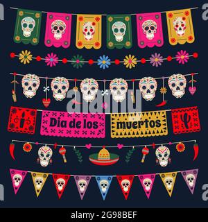 Drapeaux de soute dia de los muertos. Décor mexicain de banderole de jour mort, crânes de sucre et fleurs de banderole vecteur d'illustration ensemble. Vacances de jour mort Illustration de Vecteur