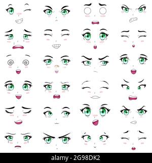 Expressions kawaii faciales des personnages féminins Anime. Manga femme bouche, yeux et sourcils vecteur d'illustration ensemble. Caricature anime filles émotions Illustration de Vecteur