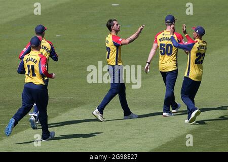 Jack Plom d'Essex célèbre avec ses copains d'équipe après avoir pris le cricket de David Lloyd lors de Glamorgan vs Essex Eagles, Viality Blast T20 Cricket Banque D'Images