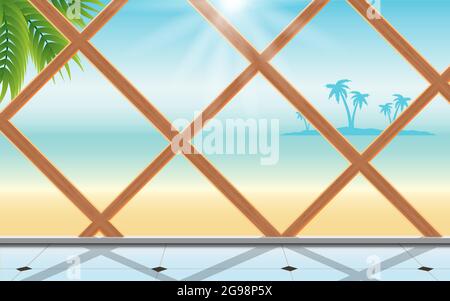 soleil aux fenêtres en bois du bungalow sur la plage en été Illustration de Vecteur