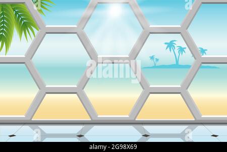 soleil aux fenêtres hexagonales du bungalow sur la plage en été Illustration de Vecteur