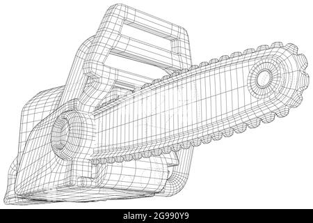 Tronçonneuse à essence. Instrument professionnel, outil de travail. Illustration technique châssis de fil. Rendu vectoriel 3D Illustration de Vecteur