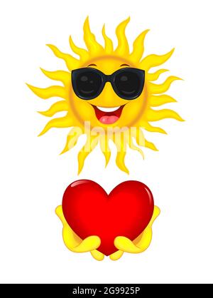 Caricature soleil joyeux dans des verres noirs. Le soleil tient un coeur rouge dans ses mains. Illustration de Vecteur