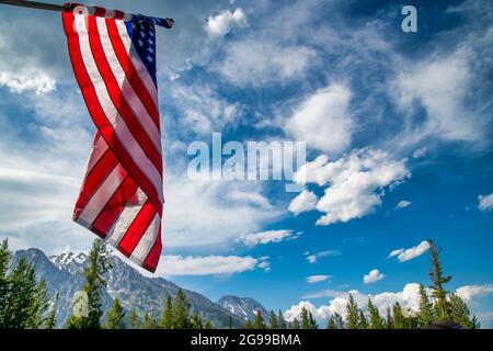 Drapeau américain dans le parc national de Yellowstone entouré d'arbres et de montagnes Banque D'Images
