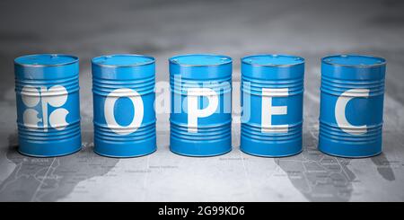 Symbole de l'OPEP sur les barils de pétrole sur fond de carte politique mondiale. illustration 3d Banque D'Images