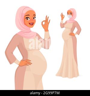 Bonne femme enceinte musulmane montrant OK. Caractère vectoriel. Illustration de Vecteur