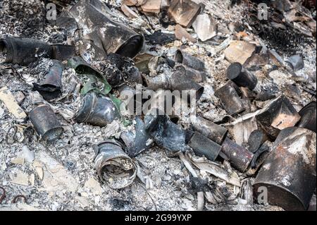 Brûlage de déchets sur un feu de camp contenant des boîtes de conserve métalliques Banque D'Images