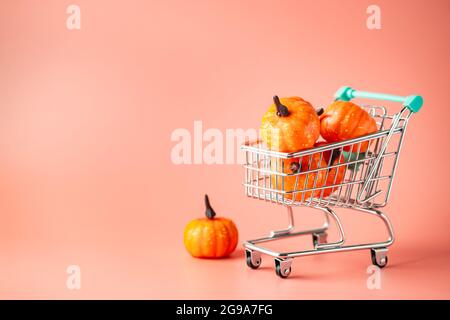 Légumes de saison mini citrouilles dans le panier sur fond rose. Fête de la récolte d'automne. Le jour de Thanksgiving Banque D'Images