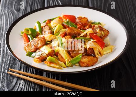 Le porc cuit deux fois est le ventre de porc sauté de style Szechuan cuit dans la sauce et les légumes se ferment dans l'assiette sur la table en bois. Horizontale Banque D'Images