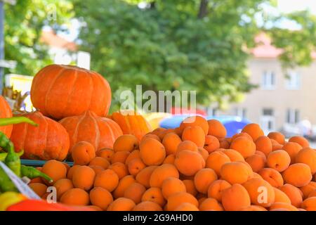 Abricots, courges et autres fruits et légumes en vente sur le marché agricole local. Produits frais biologiques à vendre sur le marché agricole local. Banque D'Images