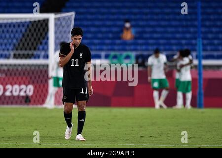 YOKOHAMA, JAPON - 25 JUILLET : Nadiem Amiri, d'Allemagne, semble abattu lors du match de football olympique de Tokyo 2020 entre l'Arabie saoudite et l'Allemagne au stade Nissan, le 25 juillet 2021 à Yokohama, Japon (photo de Pablo Morano/Orange Pictures) Banque D'Images