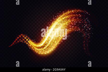 Onde dorée avec bokeh brillant, illustration vectorielle abstraite à effet de lumière. Brillance exceptionnelle des lignes de mouvement courbes dorées et des particules de confetti brillantes, paillettes brillantes à tourbillon sur fond noir transparent Illustration de Vecteur