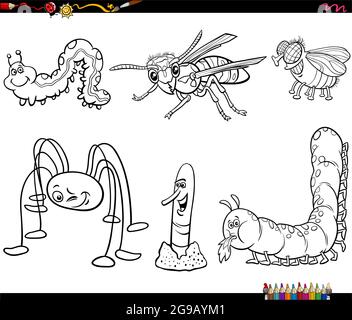 Dessin animé noir et blanc illustration des insectes animaux bande dessinée personnages ensemble coloriage livre page Illustration de Vecteur