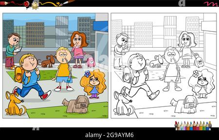 Illustration de dessins animés du groupe de caractères des enfants et des chiens dans la page de livre de coloriage de la ville Illustration de Vecteur