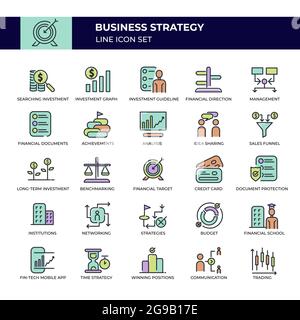 Stratégie d'entreprise lignes multicolores icône définir les modèles d'icônes Premium Illustration de Vecteur