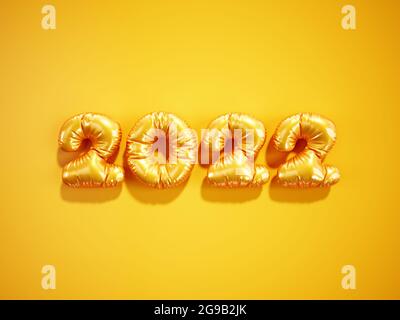 Noël et bonne année 2022 ballon orange numéros dorés sur fond jaune. Design du logo « Happy Year 2022 » du rendu 3d. Banque D'Images