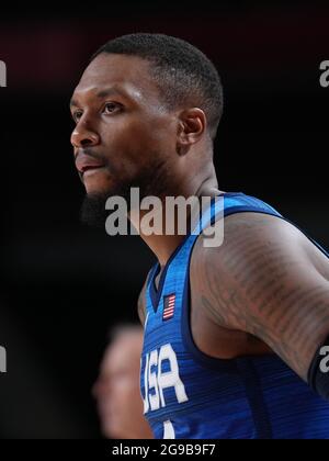 (210725) -- TOKYO, le 25 juillet 2021 (Xinhua) -- Damian Lillard des États-Unis réagit lors du match de basket-ball préliminaire masculin du groupe A entre les États-Unis et la France aux Jeux Olympiques de Tokyo, au Japon, le 25 juillet 2021. (Xinhua/Meng Yongmin) Banque D'Images