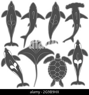 Ensemble d'images avec animaux marins. Objets vectoriels isolés en noir et blanc sur fond blanc. Illustration de Vecteur