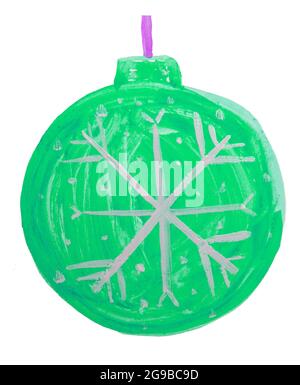 Joli boule de Noël verte en forme de doodle, décoration de sapin de Noël, dessin d'aquarelle pour enfants. Banque D'Images