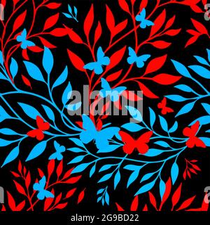 brindilles et feuilles d'arrière-plan rouges et bleues sans couture avec papillons. Illustration vectorielle Illustration de Vecteur