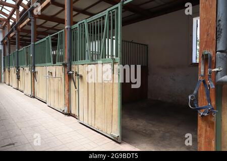 À l'intérieur d'une écurie moderne ou d'une grange avec des boîtes à chevaux. Vue du passage dans la lumière naturelle à l'extrémité. A dégagé la cabine vide dans les hors-d'état de sport de maintien stable Banque D'Images