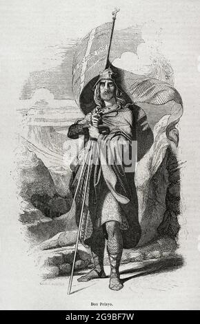 Pelagius des Asturies (c. 685-737). Visigoth noble, chef de la rébellion des Asturies (718-737) contre le pouvoir musulman et vainqueur de la bataille de Covadonga. Premier monarque du Royaume des Asturies. Gravure après une copie de Madrazo. Historia général de España par le Père Mariana. Madrid, 1852. Banque D'Images