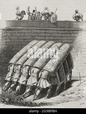 Empire romain. Légions romaines dans la formation de testudo ou de tortue. Gravure par Capuz. Historia général de España par le Père Mariana. Madrid, 1852. Auteur: Tomás Carlos Capuz (1834-1899). Graveur espagnol et xylographe. Banque D'Images