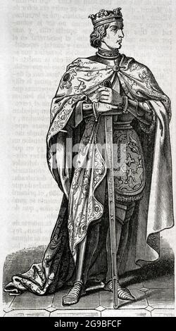 Pierre I de Castille (1334-1369) a appelé le cruel ou le juste. Roi de Castille et Léon de 1350 à 1369. Portrait. Gravure. Historia général de España par le Père Mariana. Madrid, 1852. Banque D'Images