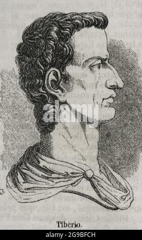 Tiberius (42 BC-37 AD). Deuxième empereur romain. Dynastie Julio-Claudian. Il a régné de 14 AD à 37 AD. Portrait. Gravure. Historia général de España par le Père Mariana. Madrid, 1852. Banque D'Images