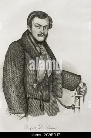 Sebastian Gabriel de Bourbon et Braganza (1811-1875). Infante de l'Espagne et du Portugal. Commandant de l'armée de la liste de la Fist Carlist War. Portrait. Gravure par Pedro Celestino Maré. Panorama Español, Crónica Contemporánea. Madrid, 1842. Auteur: Pedro Celestino Maré (fl.1842-1862. d. ca.1880). Graveur espagnol. Banque D'Images