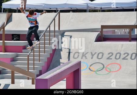 Tokyo, Japon. 25 juillet 2021. Yuto Horigome au Japon se produit en finale lors des Jeux Olympiques de Tokyo Skateboarding Men's Street au Ariake Sports Park à Tokyo, au Japon, le dimanche 25 juillet 2021. Photo par Keizo Mori/UPI crédit: UPI/Alay Live News Banque D'Images