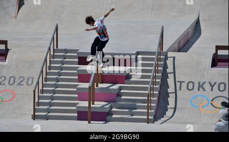 Tokyo, Japon. 25 juillet 2021. Yuto Horigome au Japon se produit en finale lors des Jeux Olympiques de Tokyo Skateboarding Men's Street au Ariake Sports Park à Tokyo, Japon le dimanche 25 juillet 2021 photo par Keizo Mori/UPI crédit: UPI/Alay Live News Banque D'Images